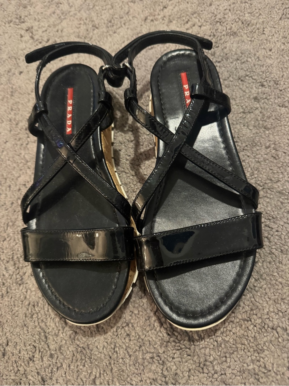Prada Black Patent Leather Crisscross Strap Sandals